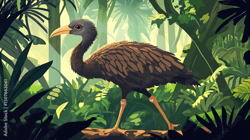 Obraz premium A large bird strolls through a lush jungle.