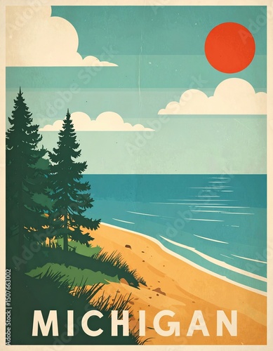 Retro michigan travel poster featuring beach, trees, and sun with vintage design