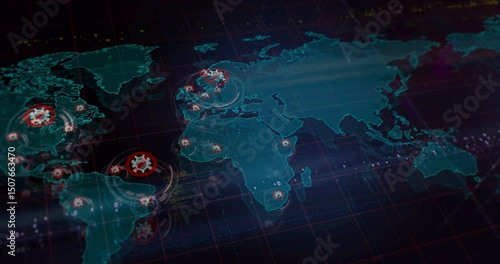 Antivirus cybersecurity warning symbols over world map. Seamless looped technology concept.
