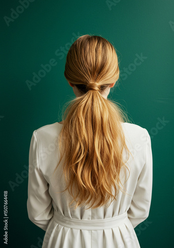 lange blonder Zopf haare von hinten Studiohintergrund