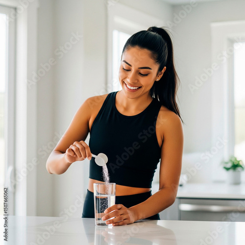 A woman in gym clothes pours creatine into water in her kitchen.