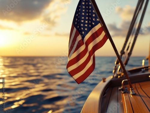 Sunset Sailboat with American Flag