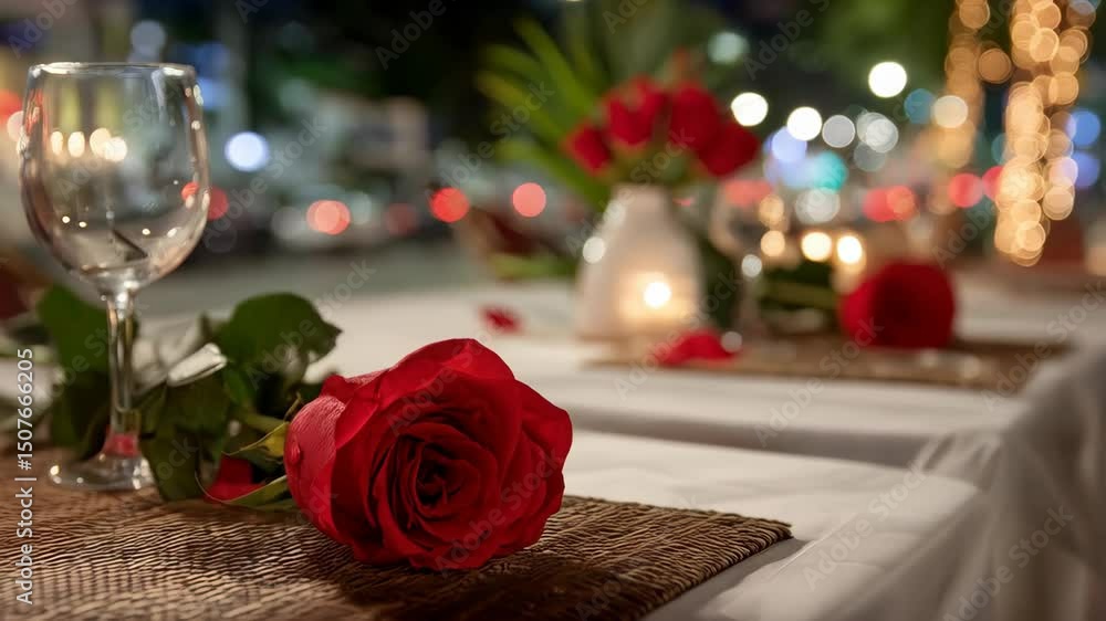 Romantic dinner setting with red roses, wine glasses and candle lights at dusk creates intimate atmosphere for couples Romantic dinner setting with red roses, wine glasses and candle lights at dusk creates intimate atmosphere for couples