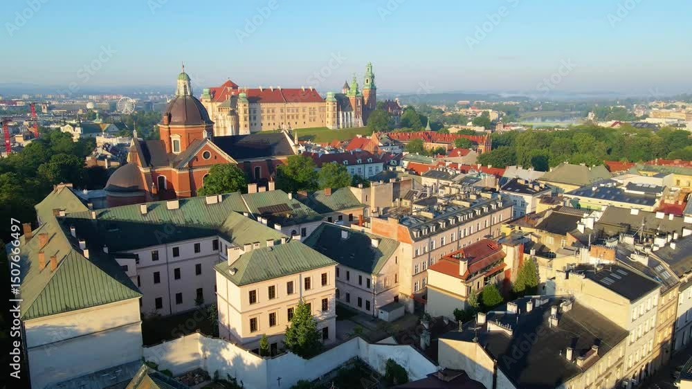 Krakow, aerial view of the city from above with drone in Poland, street, city center Krakow, aerial view of the city from above with drone in Poland, street, city center