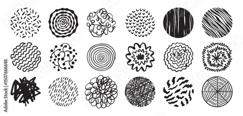 Round abstract hand drawn shapes with pattern set. Doodle element, modern trendy circles for poster, social media, print.