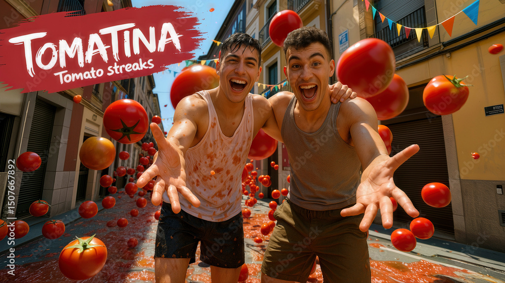 Fototapeta premium Two men celebrating with tomato stains in vibrant street scene