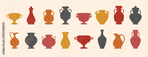 Textured ceramics vase silhouette set. Ancient amphora, greek antiques vases. Different old pottery and vessels, clay pitchers, jug. Creative decor flat vases shapes 