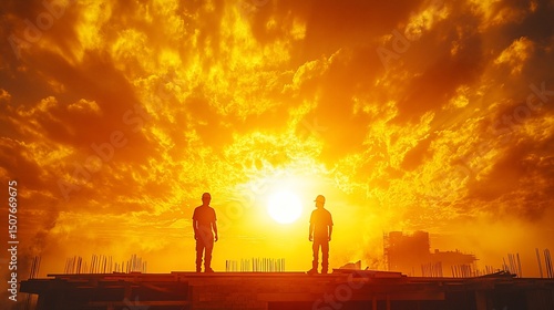 Silhouette of workers on construction site at fiery sunset