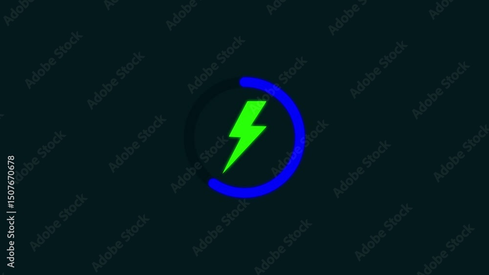 Battery charging animation with a power icon isolated on a black background. Battery charging animation with a power icon isolated on a black background.