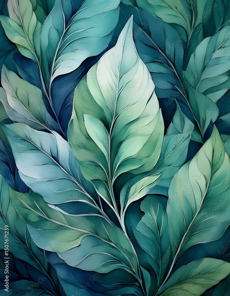 custom made wallpaper toronto digitalA close-up view of verdant leaves in varying shades of green and blue, intricately arranged to form a captivating botanical pattern