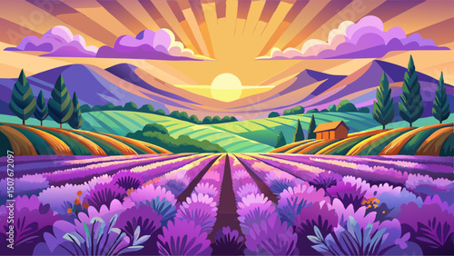 Lavender Field at Sunrise With Sun Rays Over Rolling Hills