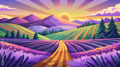 Lavender Field at Sunrise With Sun Rays Over Rolling Hills