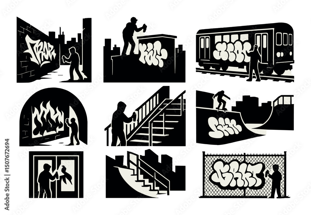 Naklejka premium Urban graffiti silhouettes icons set – street art, tagging and wall spray symbols