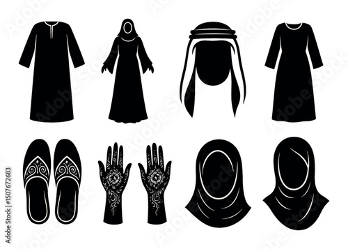 Traditional clothing icons set – silhouette, cultural attire and ethnic garments collection
