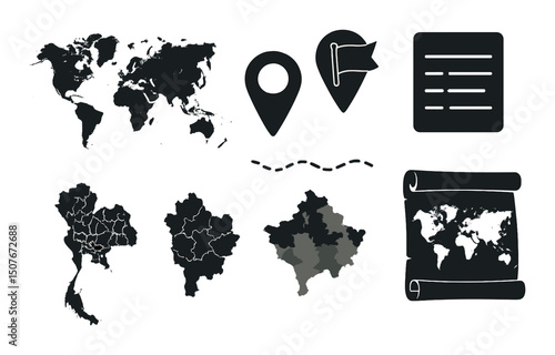 World map silhouette icons set – travel, navigation and geography symbols