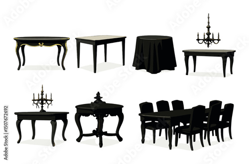 Elegant table silhouette icons set – outline, dining furniture and classic design