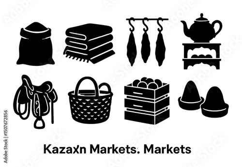 Kazakh market silhouette icons set – traditional, cultural and heritage symbols