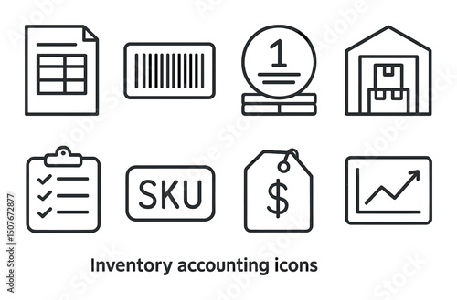 Inventory management outline icons set – stock control, supply chain symbols collection