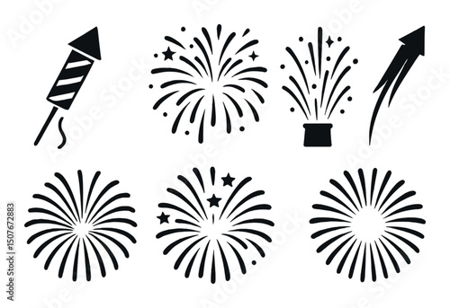 Firework silhouette icons set – simple, celebration and festive design elements