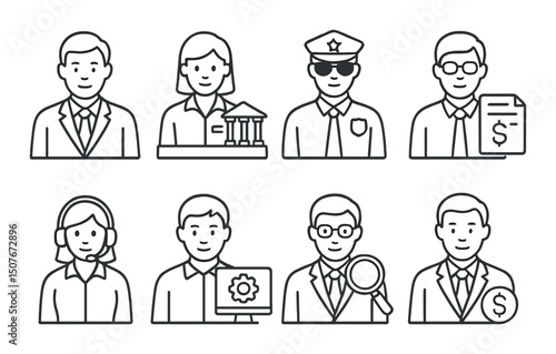 Bank personnel linear icons set – outline, finance and employee role symbols