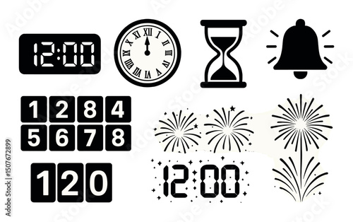 Midnight countdown silhouettes icons set – simple, celebration, new year elements