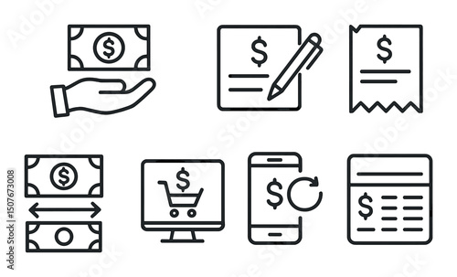 Bank transaction outline icons set – linear, payment and financial symbols