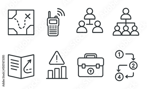 Military protocol outline icons set – silhouette, communication and strategy symbols