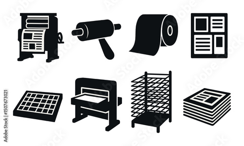 Newspaper printing silhouette icons set – press, publishing, editorial design