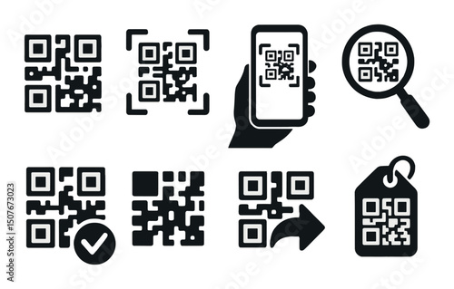 Qr code silhouette icons set – simple, barcode and scanner graphics