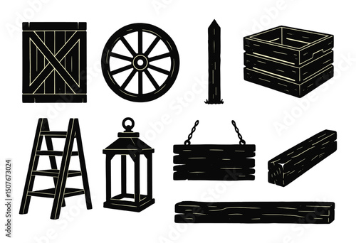 Rustic wood silhouette icons set – crate, vintage and countryside symbols