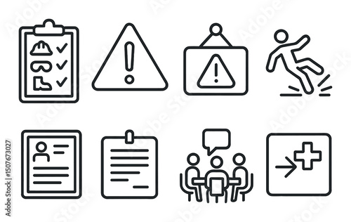 Safety protocol outline icons set – warning, hazard and precaution symbols collection