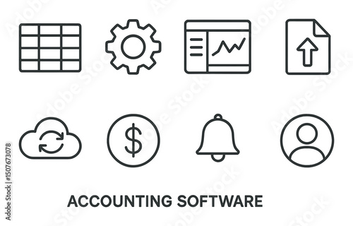 Accounting software line icons set – outline, financial and bookkeeping symbols