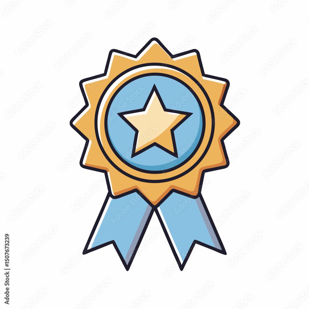 Gold star award badge with blue ribbon achievement icon Gold star award badge with blue ribbon achievement icon