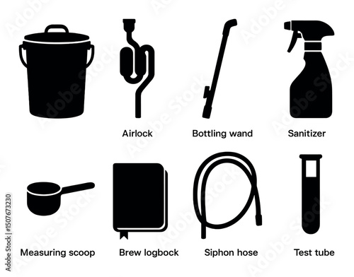 Homebrewing tools icons set – silhouette, equipment and brewing accessories symbols