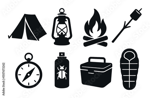 Camping essentials icons set – silhouette, outdoor adventure and hiking symbols