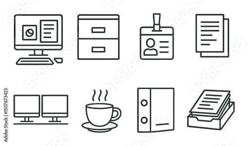 Accountant office essentials outline icons set – business, finance and productivity symbols
