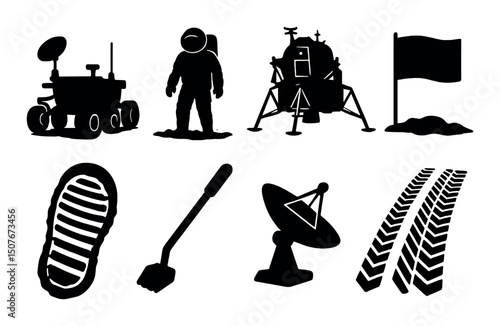 Moon exploration silhouette icons set – space, astronaut and lunar mission symbols