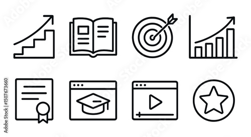 Skill improvement outline icons set – education, learning, achievement symbols