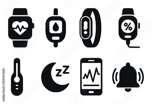 Health monitoring silhouette icons set – fitness, wellness and biometric symbols