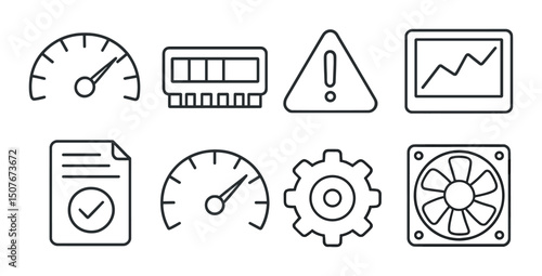 System performance outline icons set – speed, efficiency and management symbols