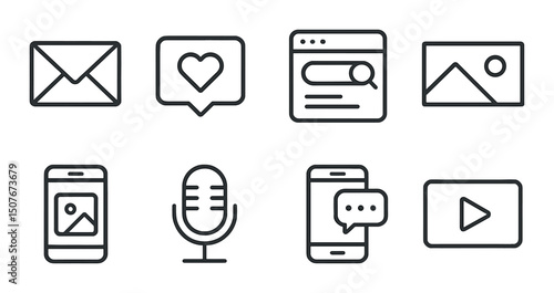 Marketing channels outline icons set – simple, communication, and engagement symbols