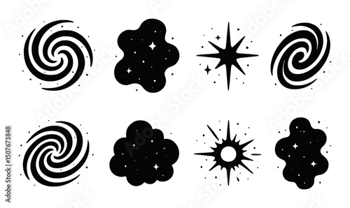 Galactic icons set – silhouette, celestial and cosmic symbols for universal designs