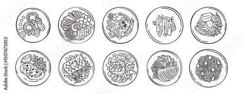 Meal served on plate top view hand drawn doodle icons vector set. Outline drawing line clipart symbol hand drawn fried meal collection