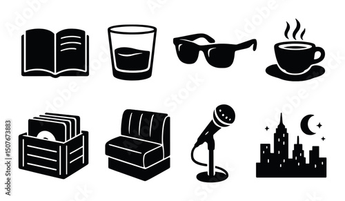 Jazz culture silhouette icons set – music, nightlife, and urban lifestyle symbols