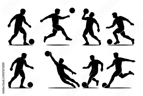 Soccer silhouette icons set – simple football, game, and sports symbol collection