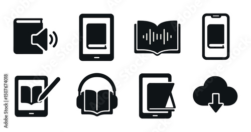 Digital book formats silhouette icons set – ebook, audiobook and download symbols