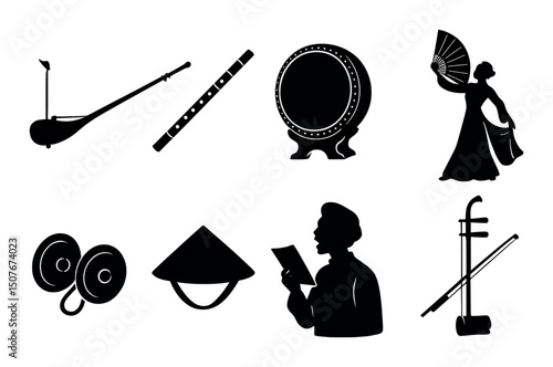 Vietnamese music silhouette icons set – traditional, cultural and instrumental symbols