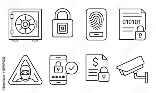 Digital bank security line icons set – password, protection and privacy symbols