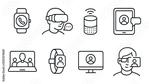 Communication linear icons set – outline, digital device and tech symbols