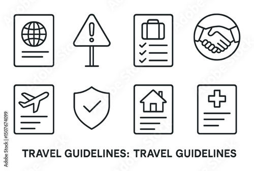 Travel guidelines silhouette icons set – safety, journey essentials and travel tips